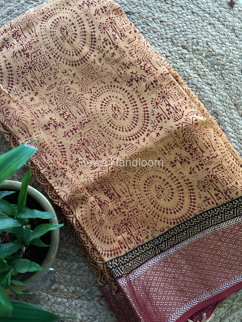 Maheshwari Light Yellow Bagh Print Saree BPSS017