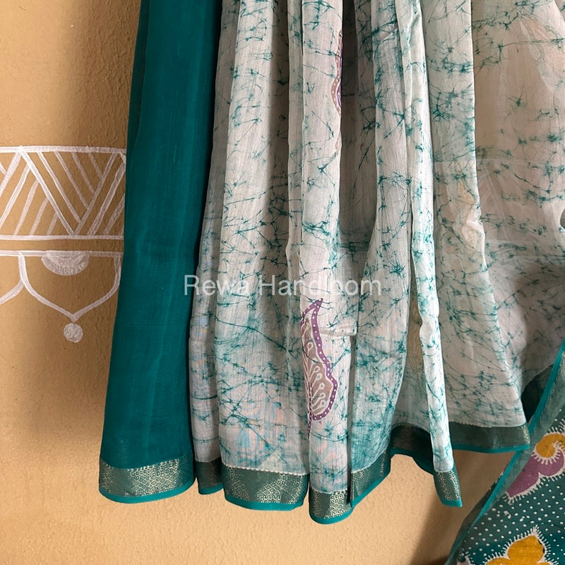 Maheshwari Bottle Green Batik Indonesian Print Saree IBS049