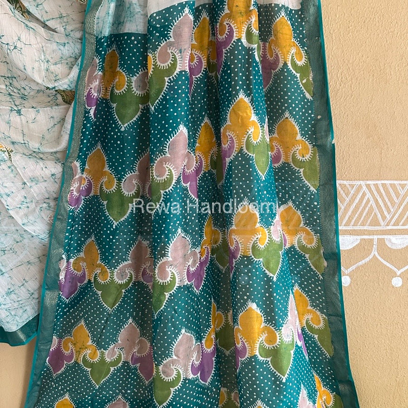 Maheshwari Bottle Green Batik Indonesian Print Saree IBS049