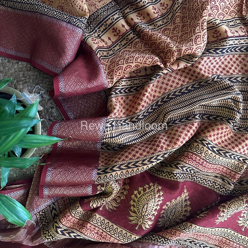 Maheshwari Light Yellow Bagh Print Saree BPSS017