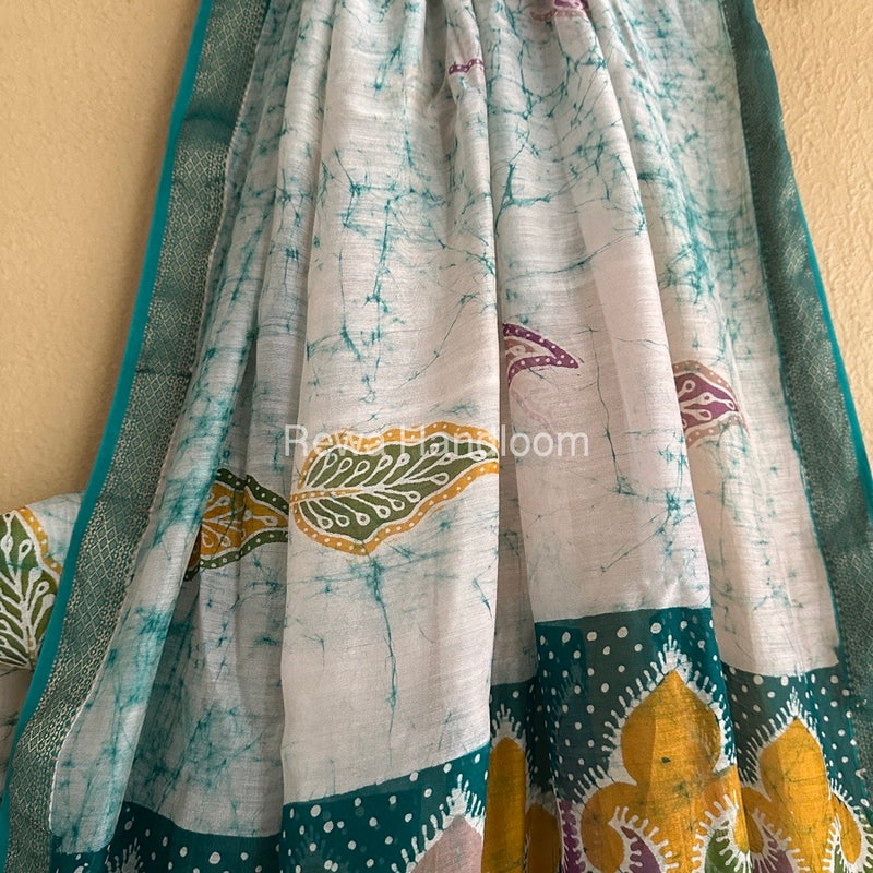 Maheshwari Bottle Green Batik Indonesian Print Saree IBS049