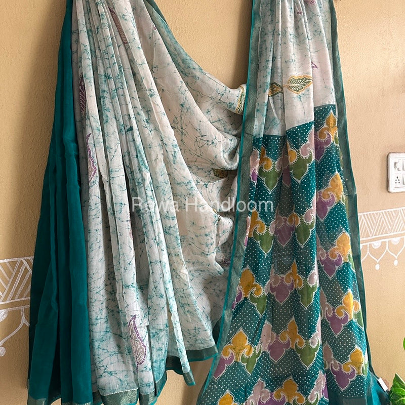 Maheshwari Bottle Green Batik Indonesian Print Saree IBS049