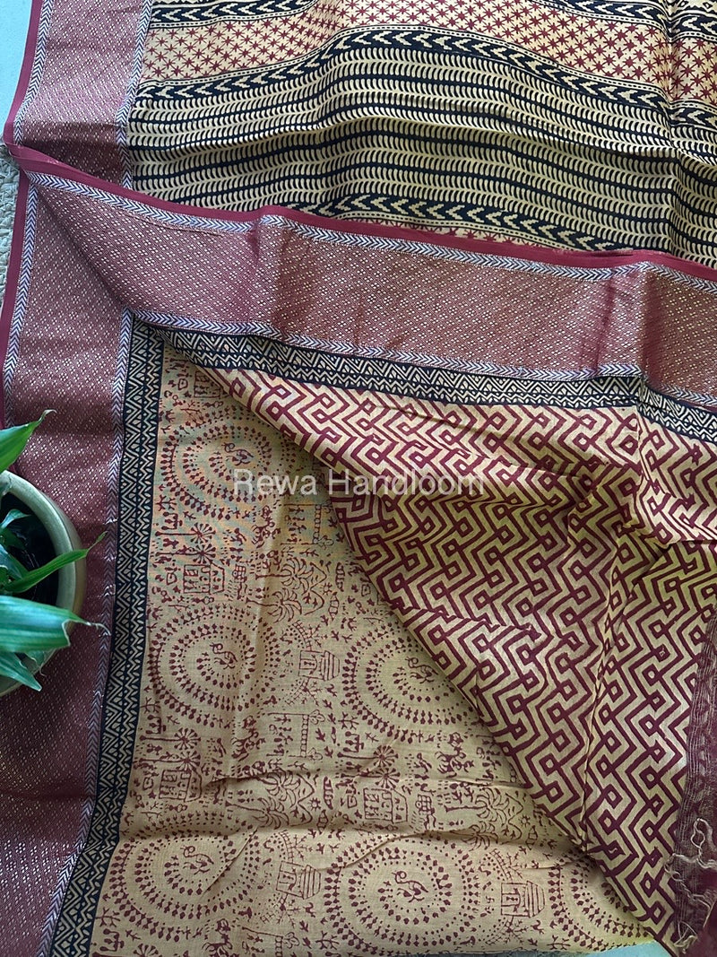 Maheshwari Light Yellow Bagh Print Saree BPSS017