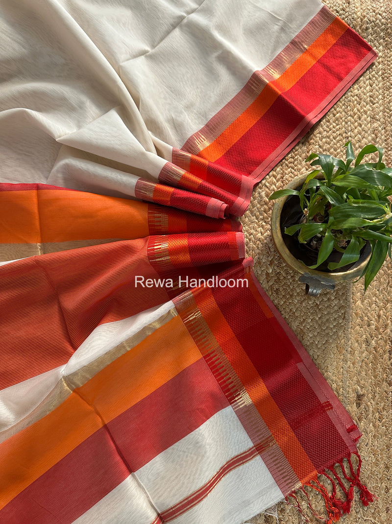 Maheshwari White Multicolor Border Saree MB00529