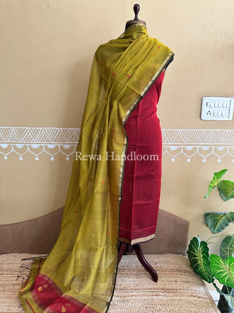 Maheshwari Maroon-Mustard Yellow Patti Butti Top-Dupatta Set PBS07