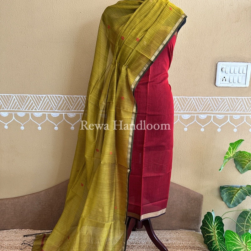 Maheshwari Maroon-Mustard Yellow Patti Butti Top-Dupatta Set PBS07