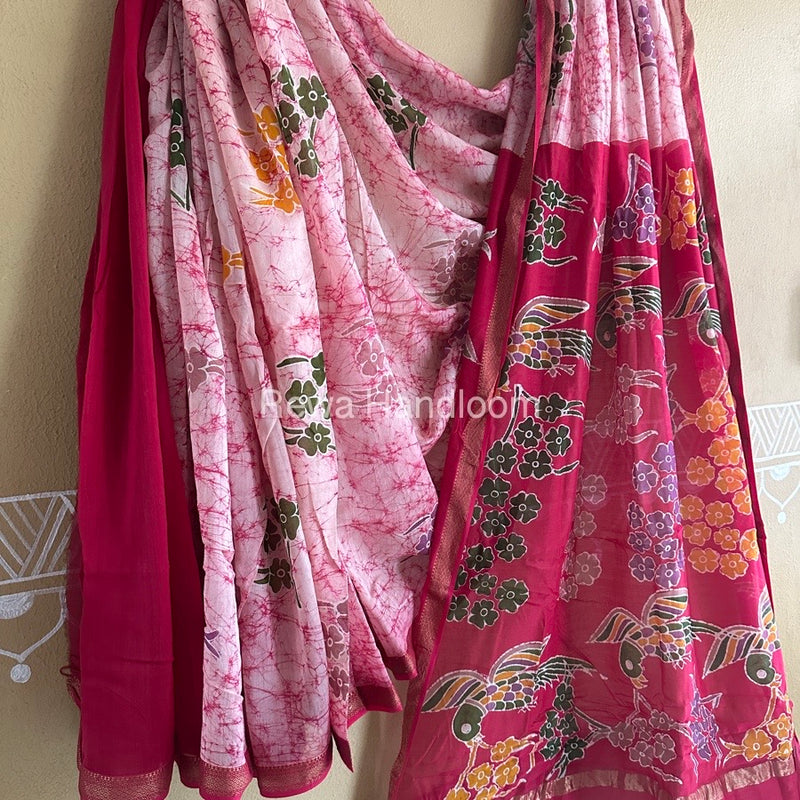 Maheshwari Rani Pink Batik Indonesian Print Saree IBS037