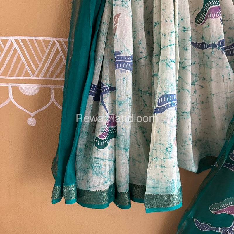 Maheshwari Green Batik Indonesian Print Saree IBS050