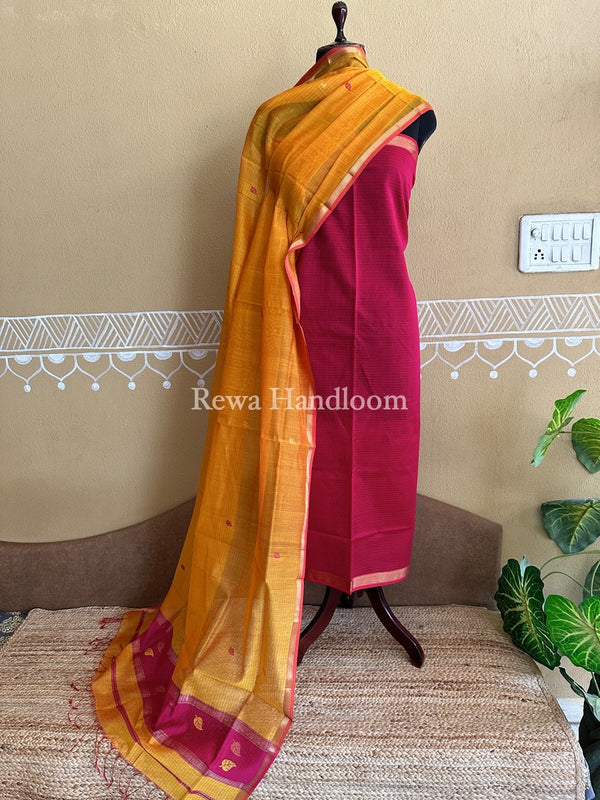 Maheshwari Rani Pink-Mustard Yellow Patti Butti Top-Dupatta Set PBS06