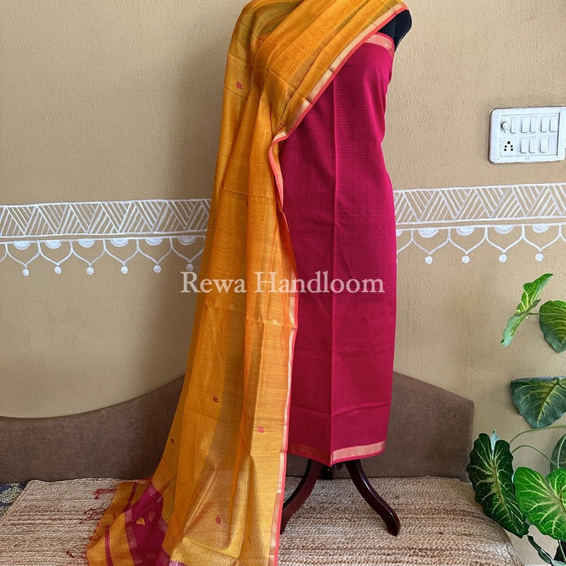 Maheshwari Rani Pink-Mustard Yellow Patti Butti Top-Dupatta Set PBS06