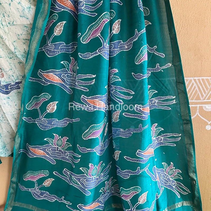 Maheshwari Green Batik Indonesian Print Saree IBS050