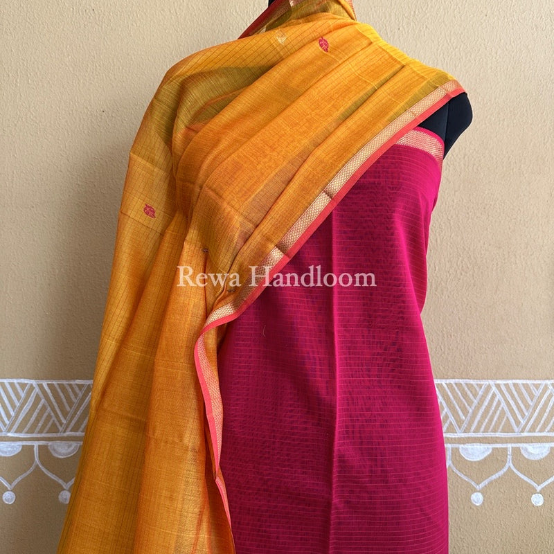 Maheshwari Rani Pink-Mustard Yellow Patti Butti Top-Dupatta Set PBS06