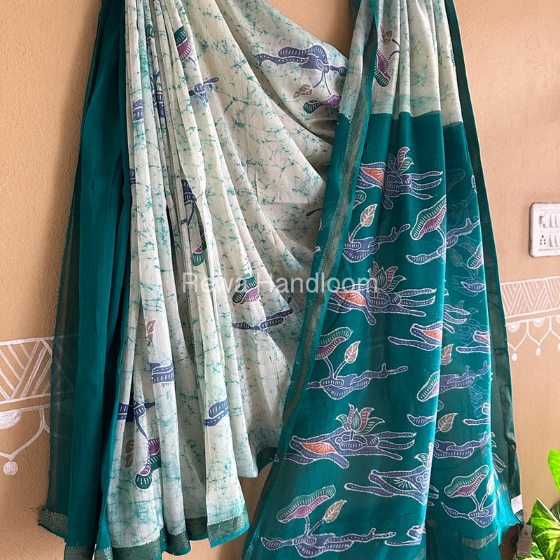 Maheshwari Green Batik Indonesian Print Saree IBS050