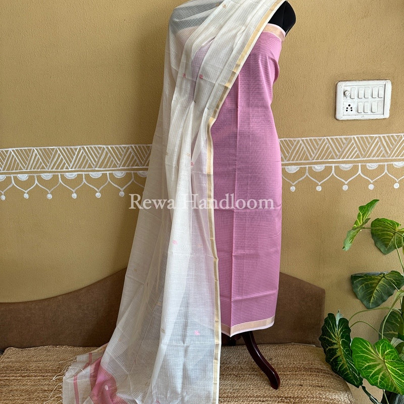 Maheshwari Onion Pink-White Patti Butti Top-Dupatta Set PBS011