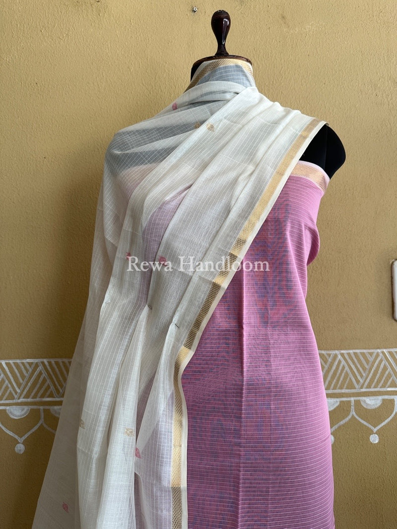 Maheshwari Onion Pink-White Patti Butti Top-Dupatta Set PBS011