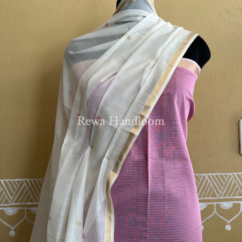 Maheshwari Onion Pink-White Patti Butti Top-Dupatta Set PBS011