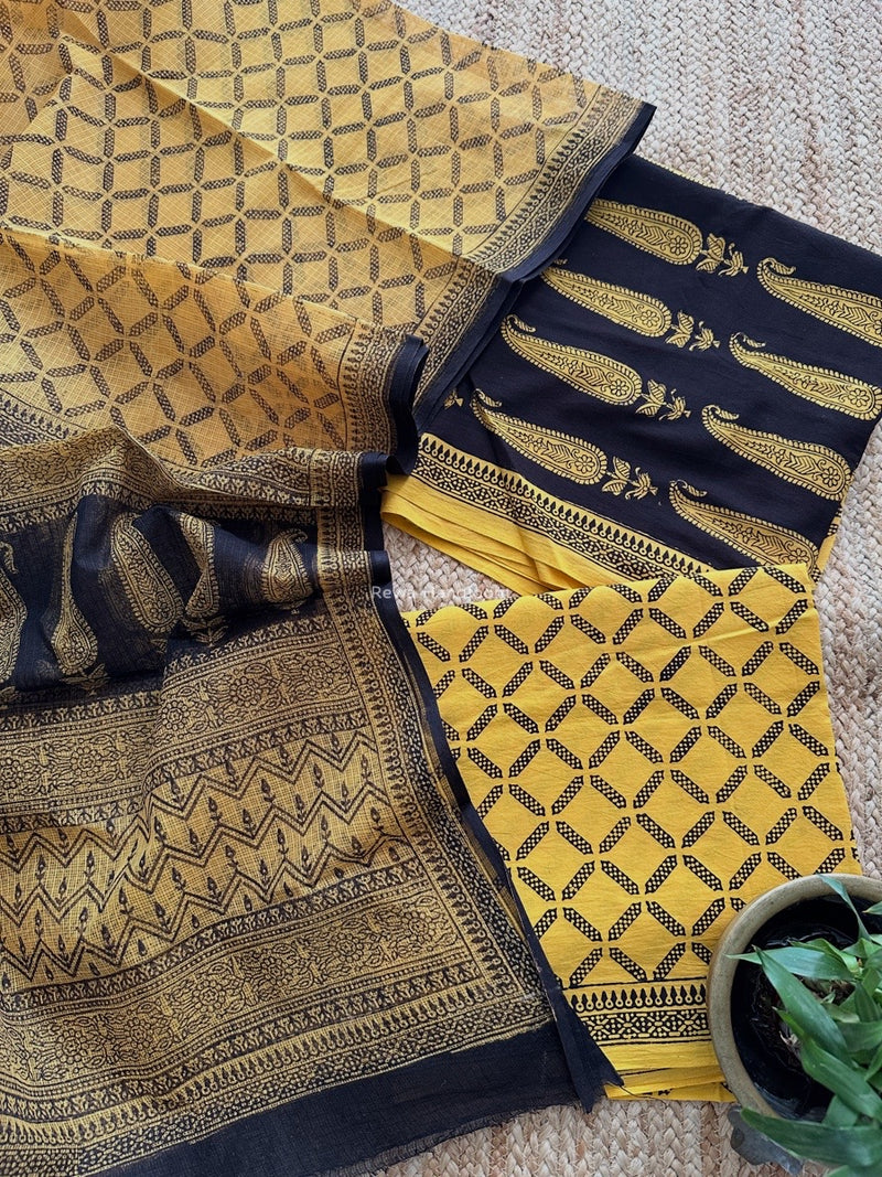 Black-Yellow Bagh Print Cotton Suit KDS010
