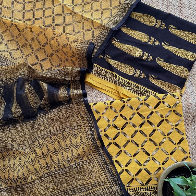 Black-Yellow Bagh Print Cotton Suit KDS010