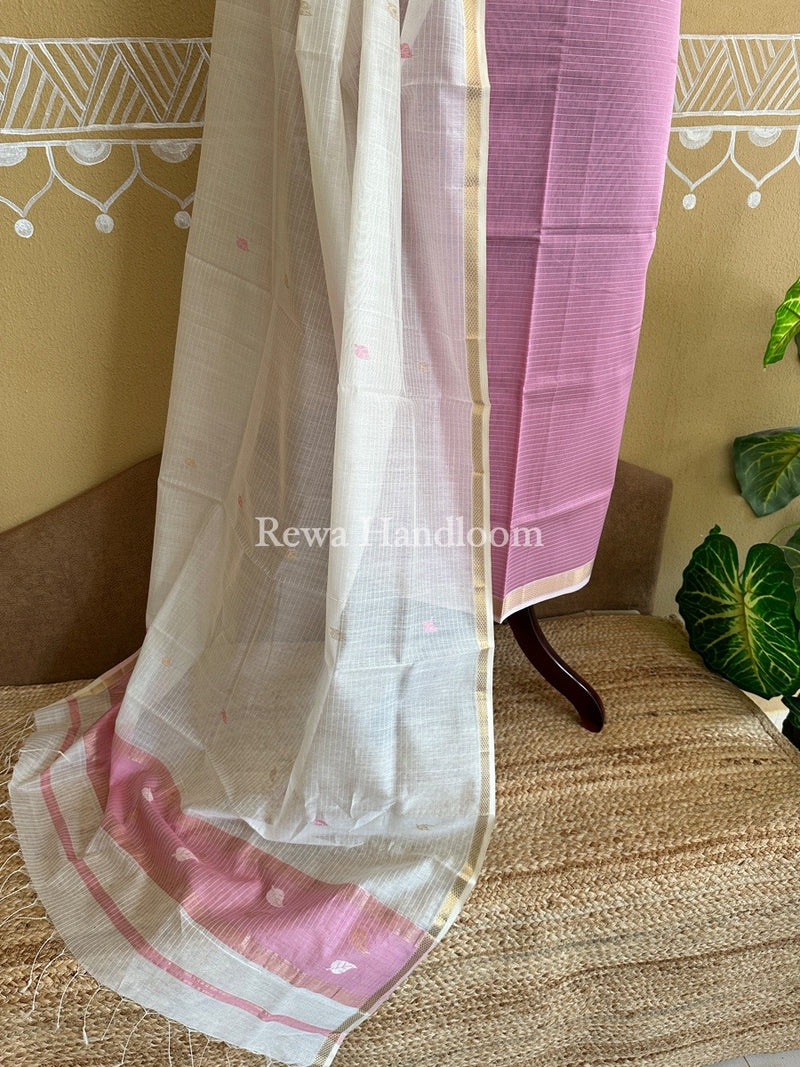 Maheshwari Onion Pink-White Patti Butti Top-Dupatta Set PBS011