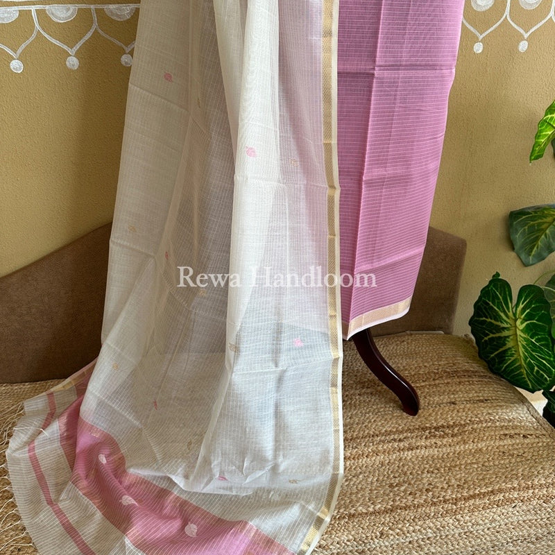 Maheshwari Onion Pink-White Patti Butti Top-Dupatta Set PBS011