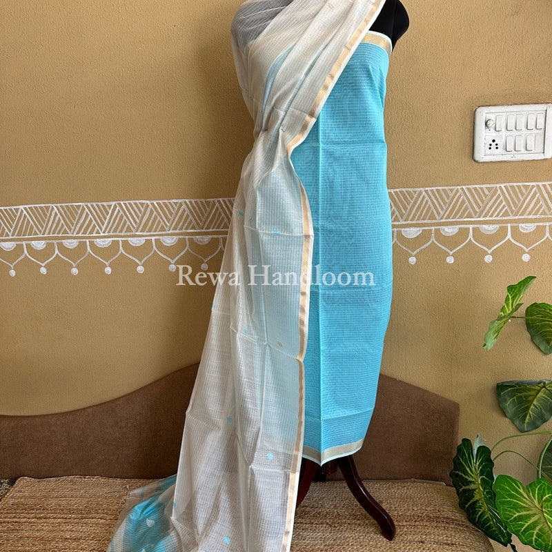 Maheshwari Aqua Green-White Patti Butti Top-Dupatta Set PBS016