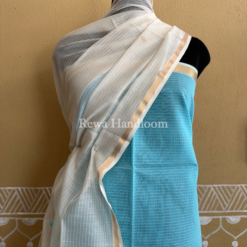 Maheshwari Sky Blue-Off White Patti Butti Top-Dupatta Set PBS03