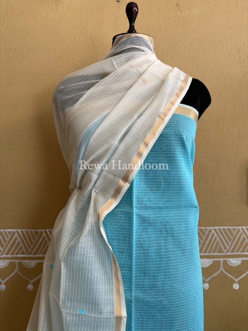 Maheshwari Aqua Green-White Patti Butti Top-Dupatta Set PBS016