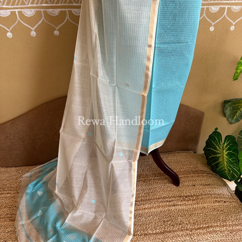 Maheshwari Aqua Green-White Patti Butti Top-Dupatta Set PBS016