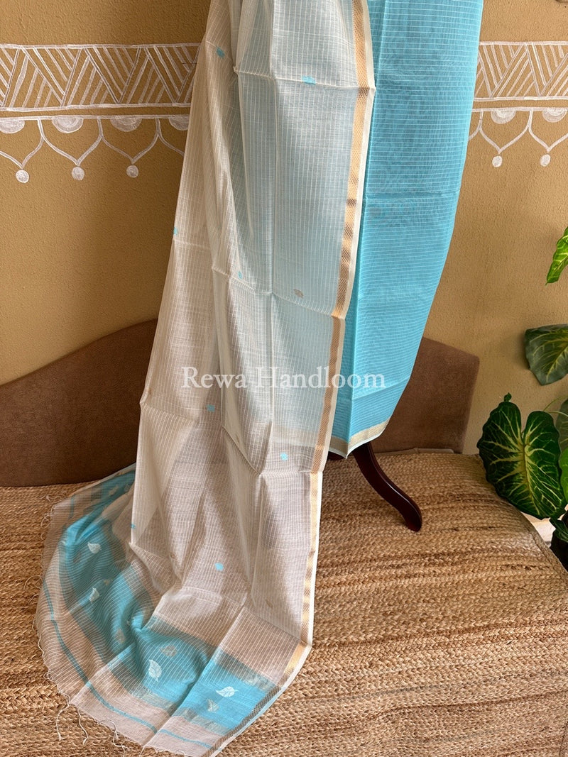 Maheshwari Sky Blue-Off White Patti Butti Top-Dupatta Set PBS03