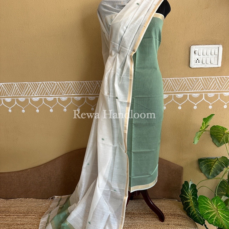 Maheshwari Sea Green-White Patti Butti Top-Dupatta Set PBS09