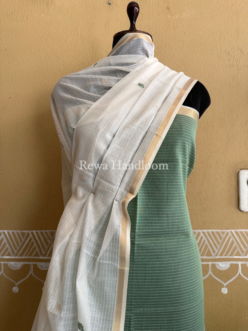 Maheshwari Sea Green-White Patti Butti Top-Dupatta Set PBS09