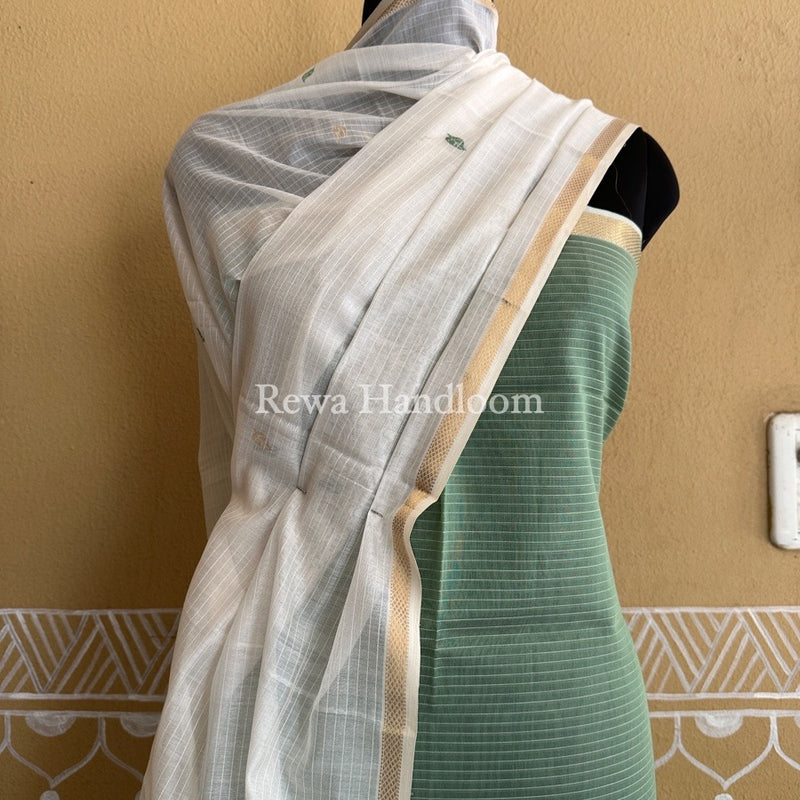 Maheshwari Sea Green-White Patti Butti Top-Dupatta Set PBS09
