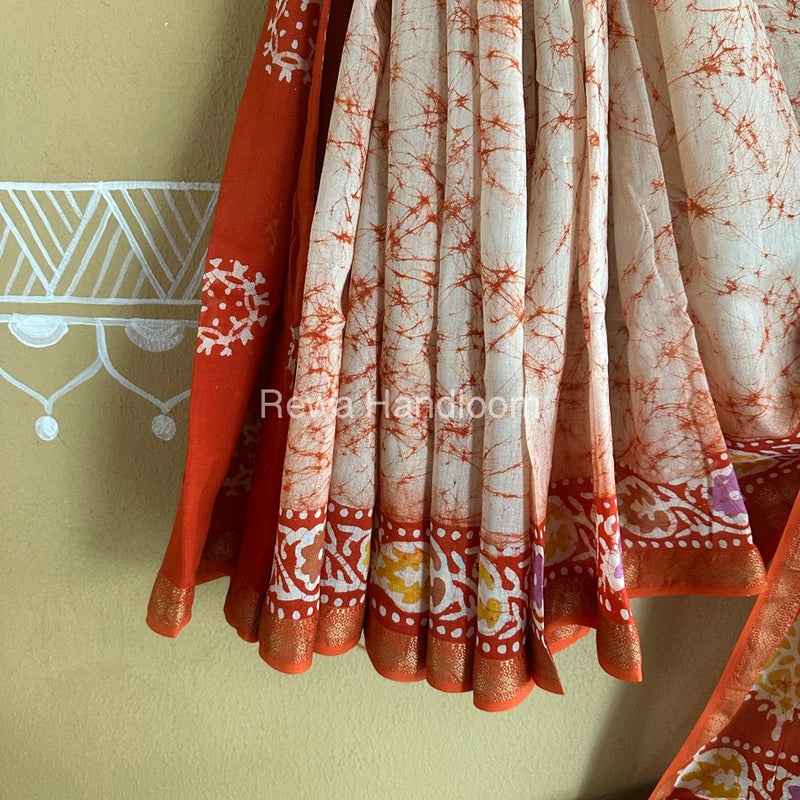 Maheshwari Orange Batik Indonesian Print Saree IBS015