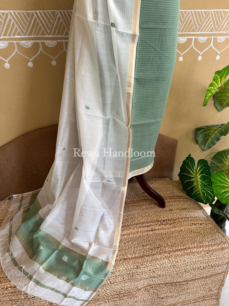 Maheshwari Sea Green-White Patti Butti Top-Dupatta Set PBS09