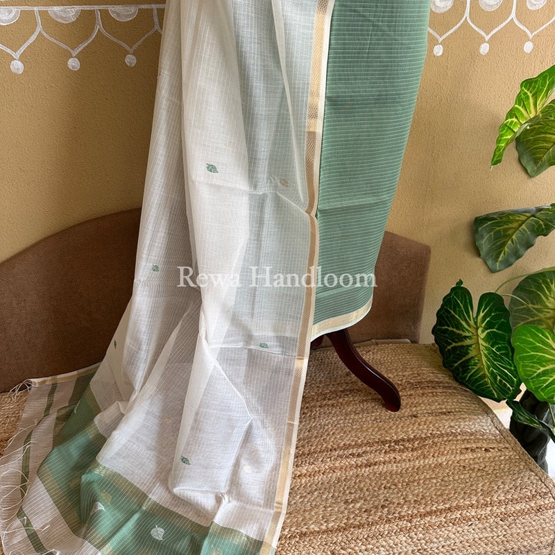 Maheshwari Sea Green-White Patti Butti Top-Dupatta Set PBS09