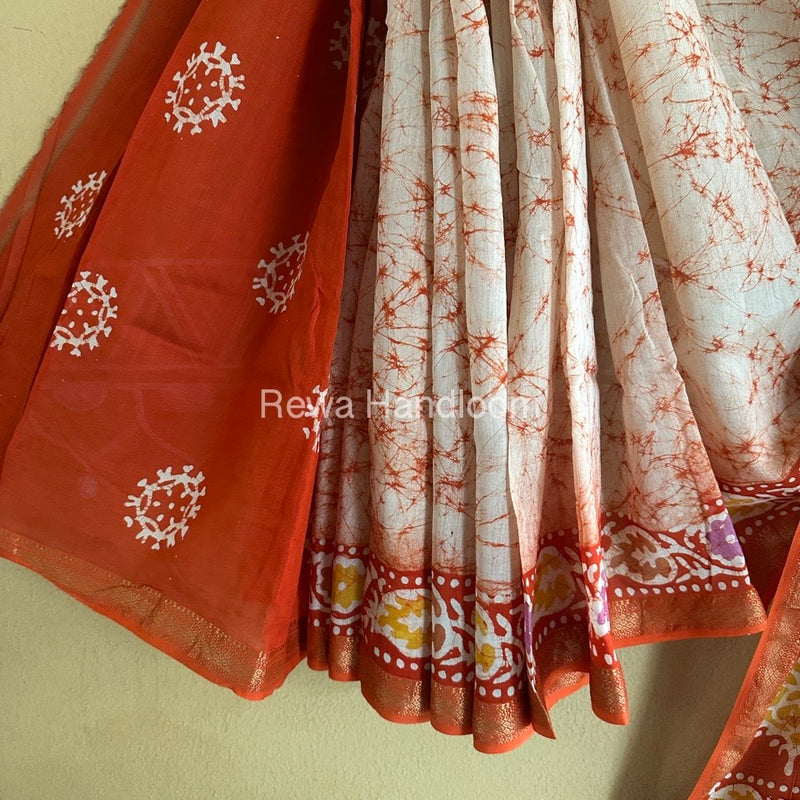 Maheshwari Orange Batik Indonesian Print Saree IBS015