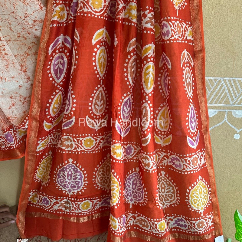 Maheshwari Orange Batik Indonesian Print Saree IBS015