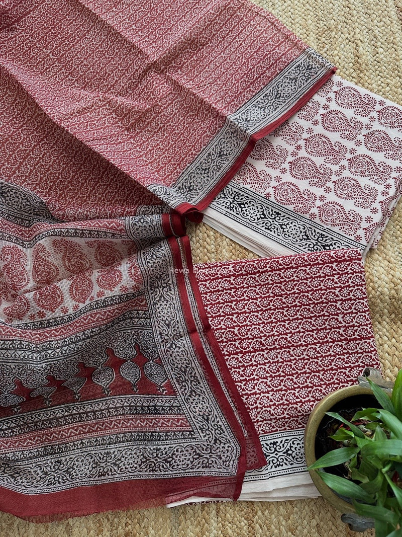 White-Red Bagh Print Cotton Suit KDS01