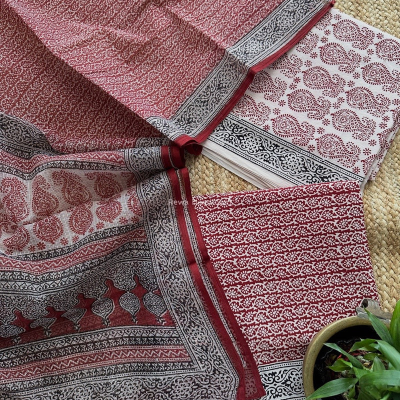 White-Red Bagh Print Cotton Suit KDS01