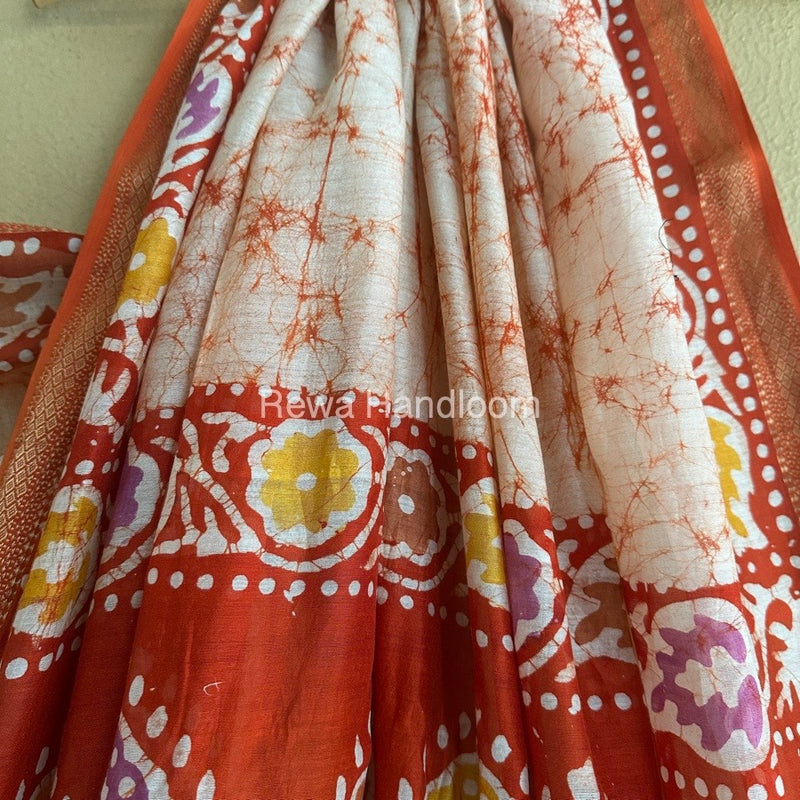 Maheshwari Orange Batik Indonesian Print Saree IBS015