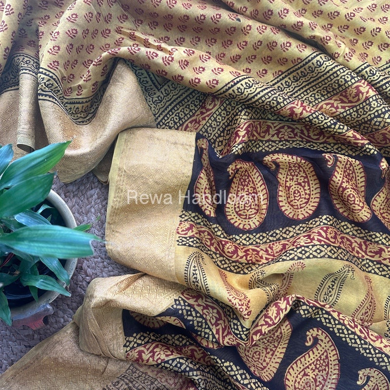 Maheshwari Yellow Bagh Print Saree BPSS025