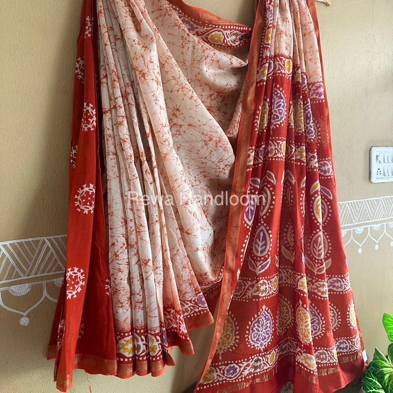 Maheshwari Orange Batik Indonesian Print Saree IBS015