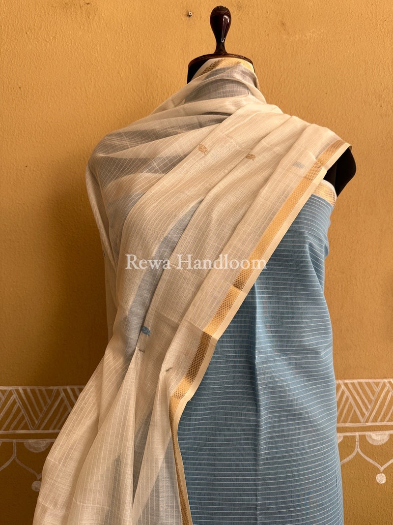 Maheshwari Sky Blue-White Patti Butti Top-Dupatta Set PBS014
