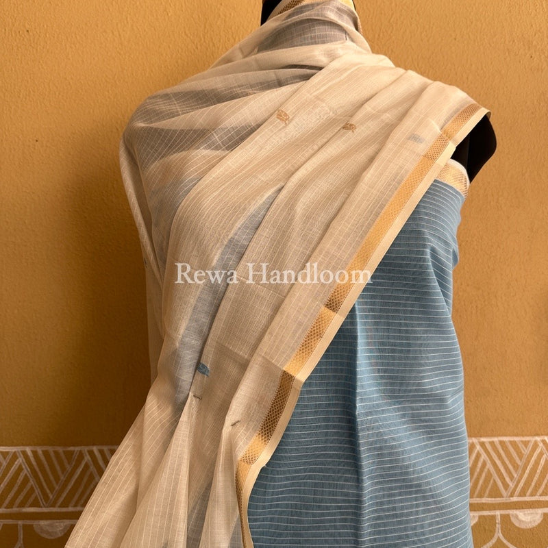 Maheshwari Sky Blue-White Patti Butti Top-Dupatta Set PBS014