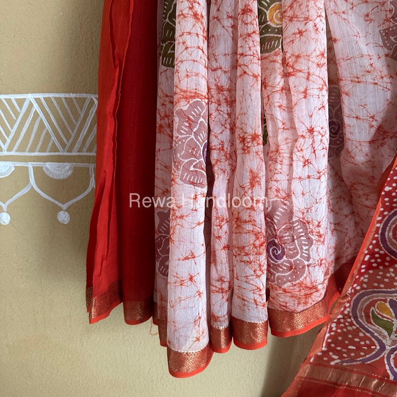 Maheshwari Orange Batik Indonesian Print Saree IBS042