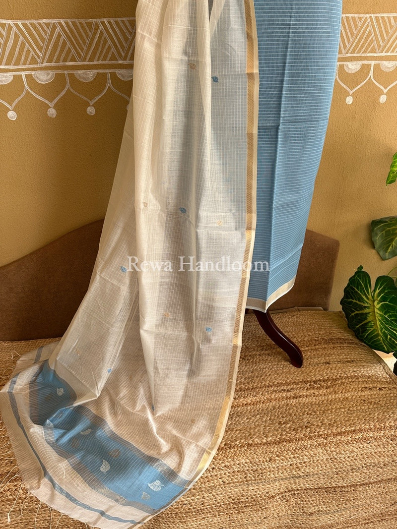 Maheshwari Sky Blue-White Patti Butti Top-Dupatta Set PBS014