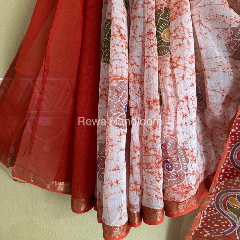 Maheshwari Orange Batik Indonesian Print Saree IBS042