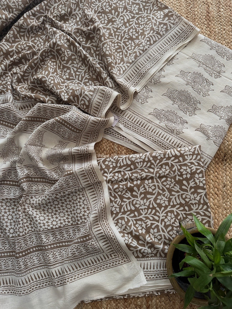 White-Beige Bagh Print Cotton Suit BCSP0164