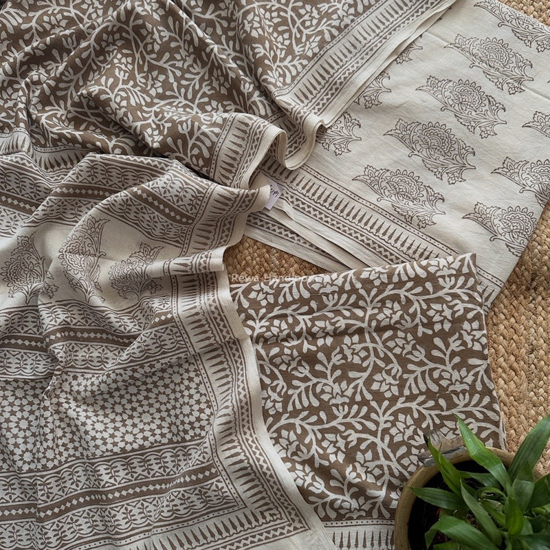 White-Beige Bagh Print Cotton Suit BCSP0164