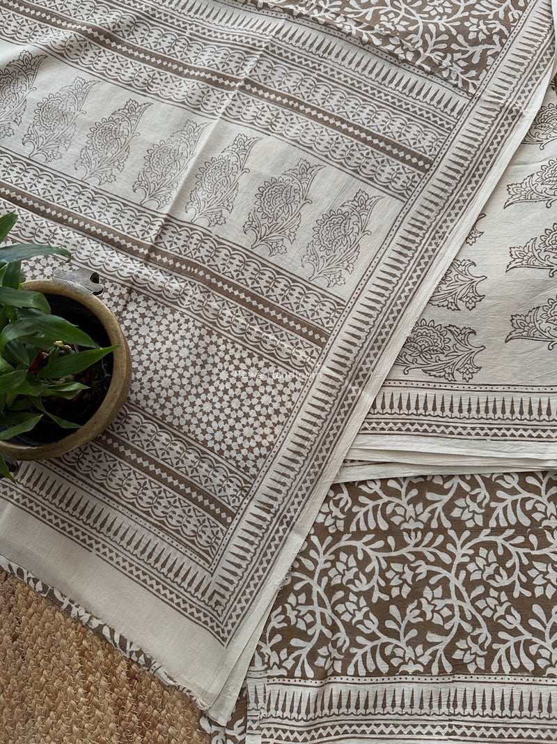 White-Beige Bagh Print Cotton Suit BCSP0164